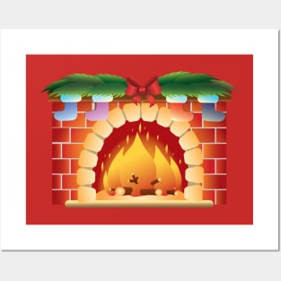 Fireplace and fire. On the fireplace are New Year's boots, a bow and Christmas tree branches. Posters and Art